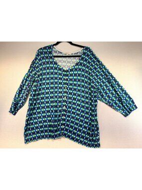 Sejour Womens Button-Up Cardigan Sweater 3X Blue Green Geometric Print